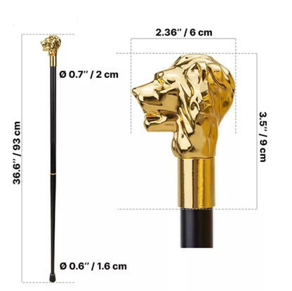 Gentlemen’s Black Walking Stick Cane Formal With Gold-Plated Lion Head